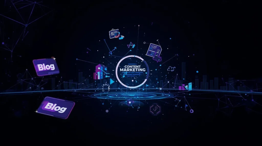 create an image based on content marketing, add blog icons on there, black background, add digital marketing related backgrounds